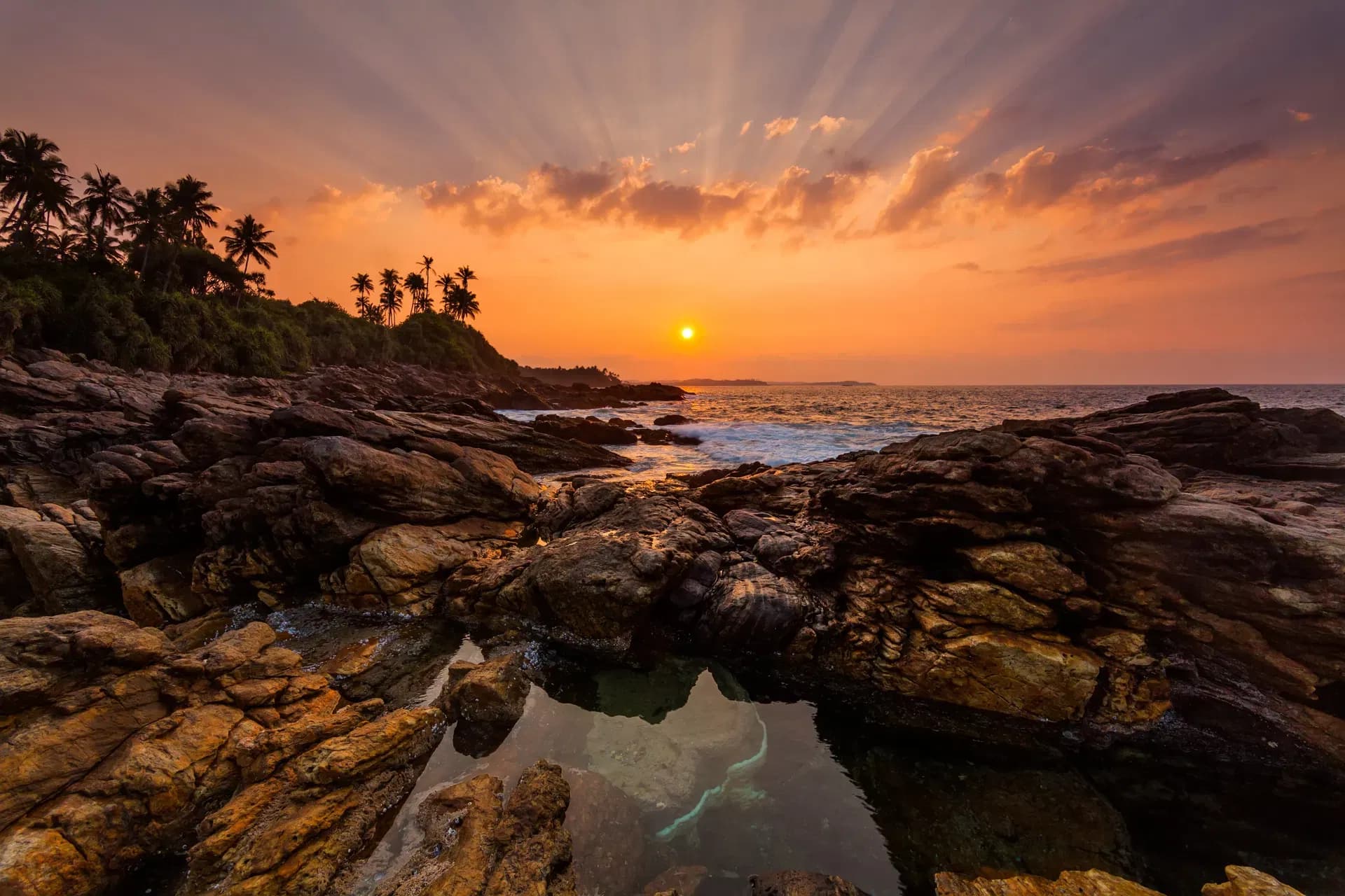 Golden sunset on Sri Lanka's rocky coastline